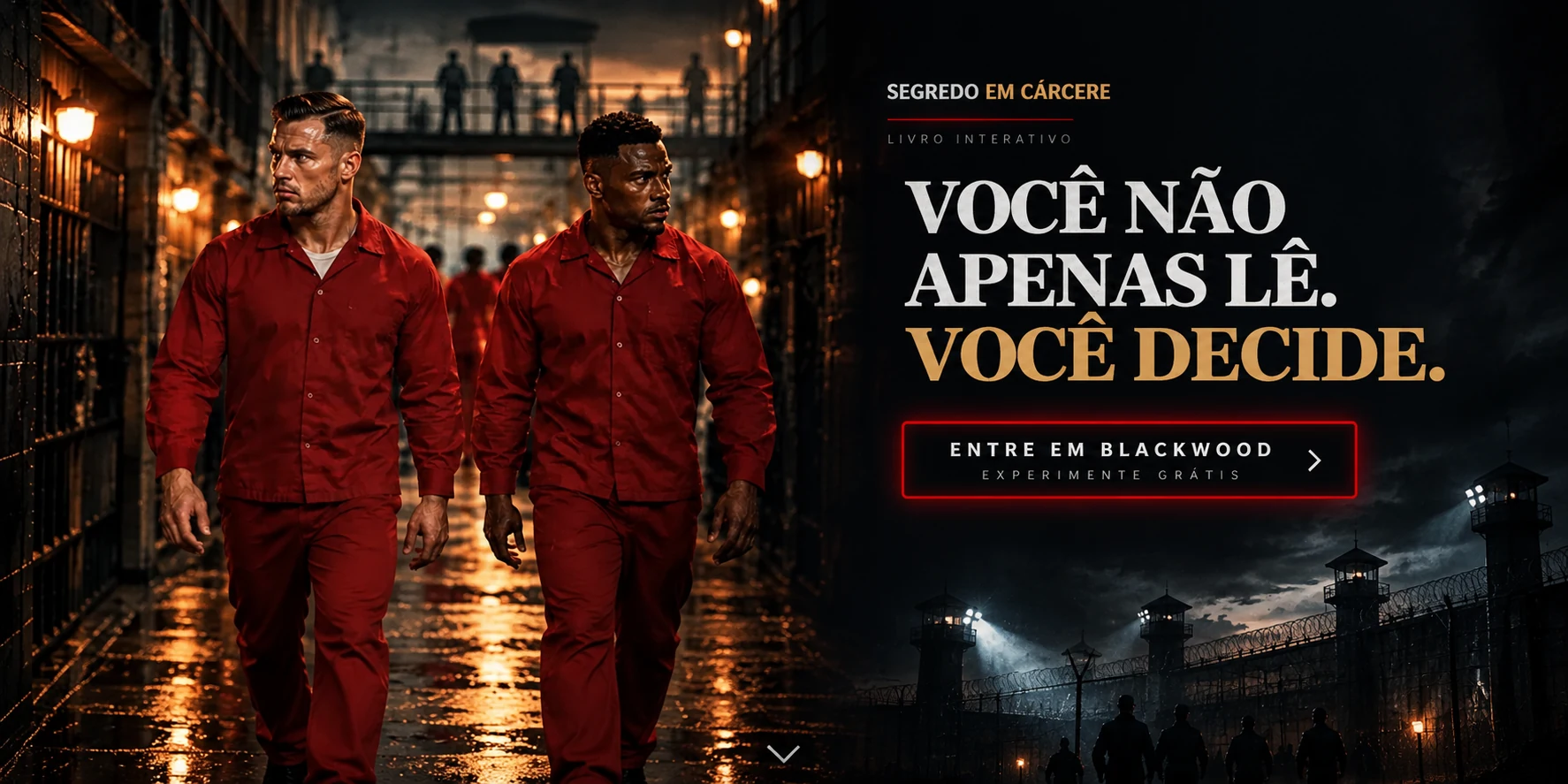 Alex e James em um corredor de Blackwood, com a chamada Você não apenas lê. Você decide.